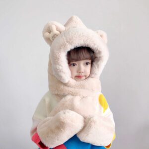 Dziecięca pluszowa czapka z szalikiem i rękawiczkami 3w1 dla dzieci w wieku od 2 do 12 lat –beżowa