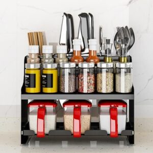 Wielofunkcyjny stojak na przyprawy kuchenne (z pojemnikiem na akcesoria kuchenne) — czarny, dwupoziomowy