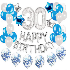 Zestaw balonów na 30-ste urodziny - srebrno - niebieski 45 sztuk